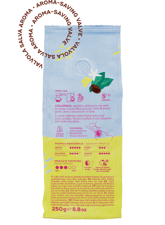 Confezione di caffè colombiano con profilo sensoriale.