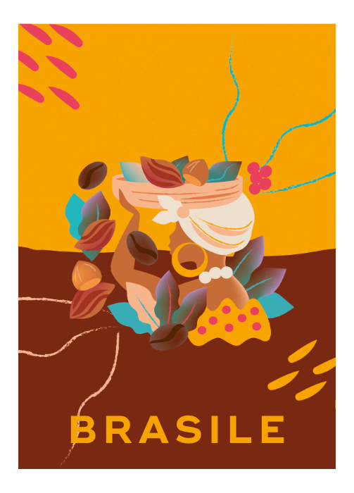 Francobollo Brasile con caffè, semi e foglie.