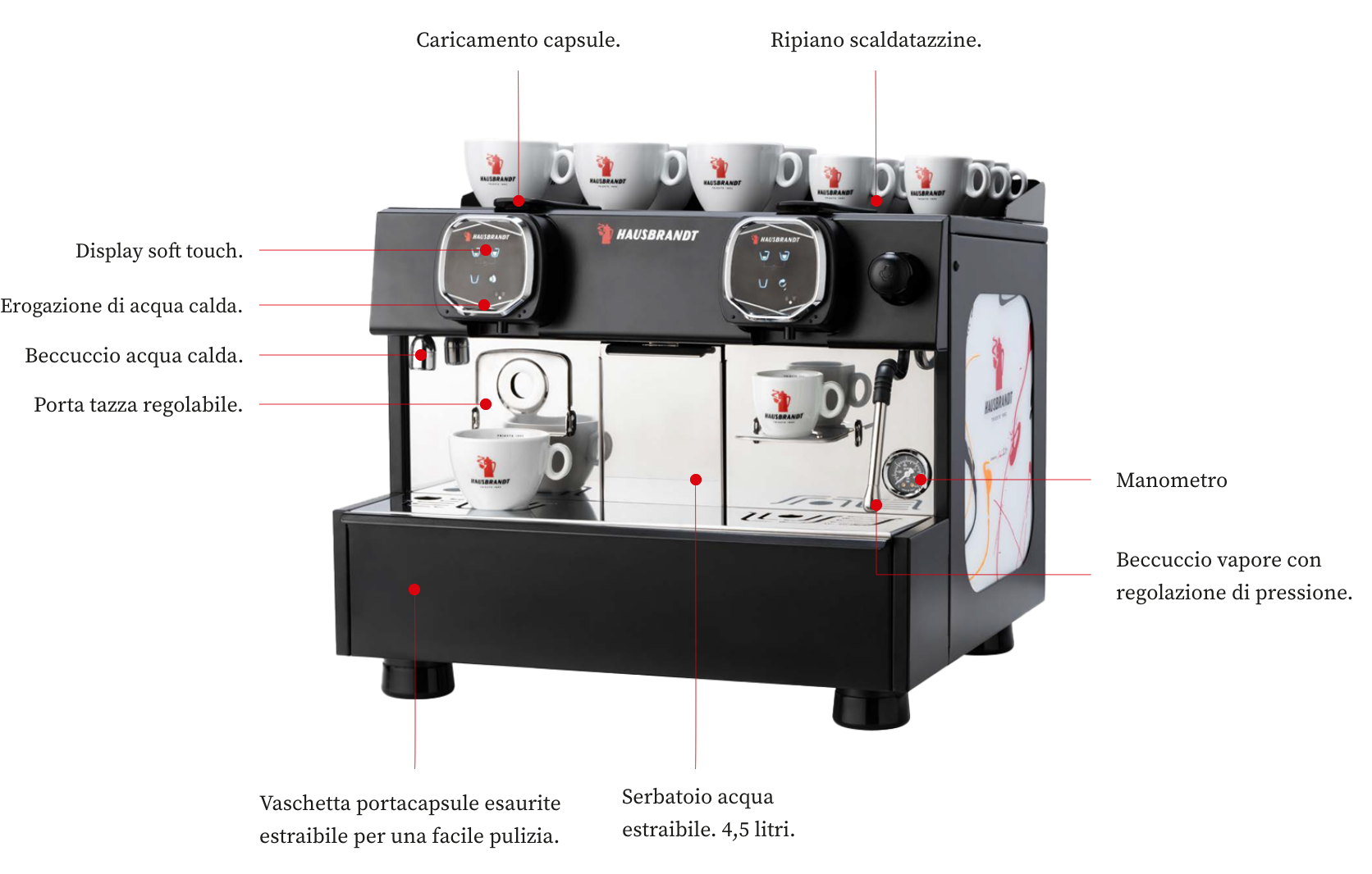 Macchina caffè professionale con porta capsule e display.