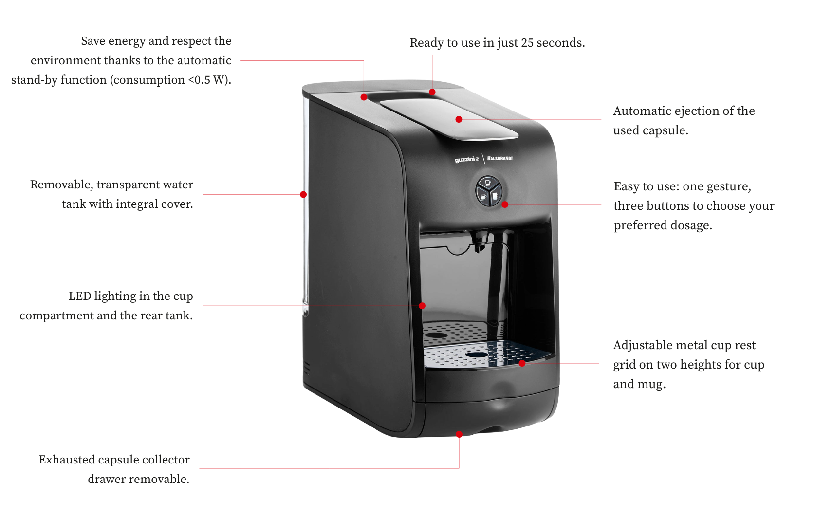 Black coffee machine with LED lights and capsule ejection.